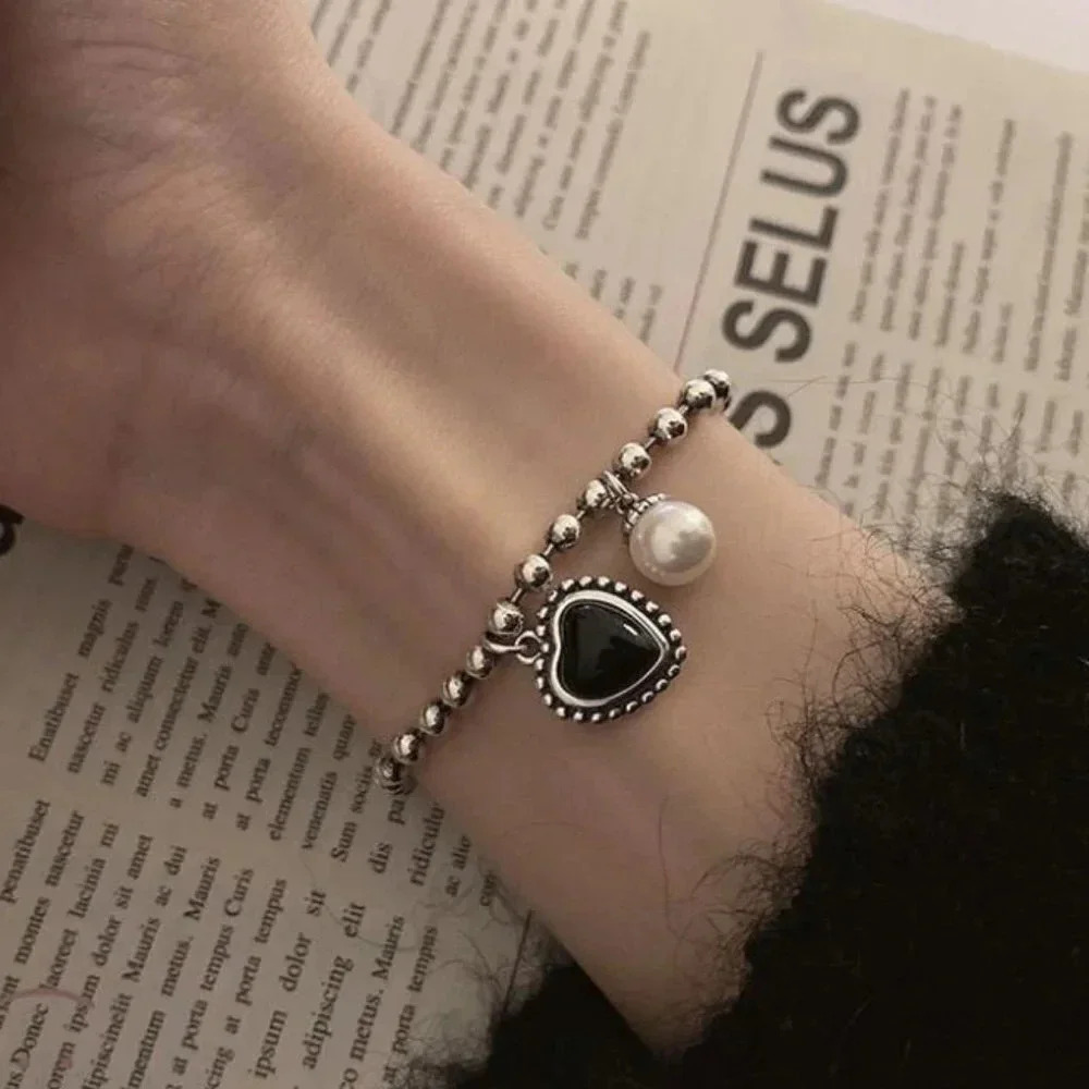 Sterling Silver Black Heart & Pearl Bead Bracelet